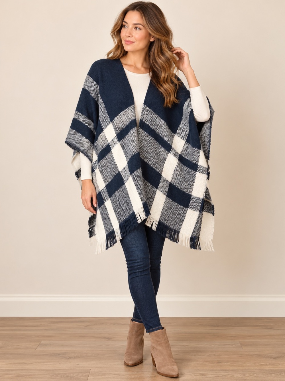 LOFT Navy Plaid Fringe Poncho Cape size xs/small